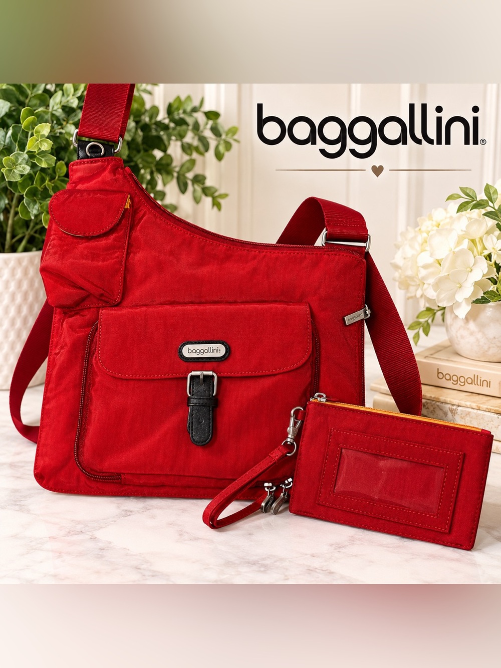 Baggallini Uptown Bagg Crossbody Sling Travel Bag with RFID Wristlet – Red